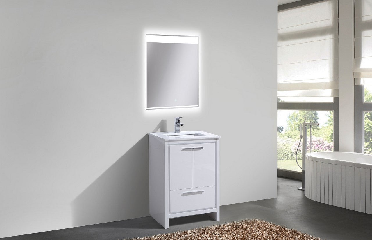 KubeBath Dolce 24″ High Gloss White Modern Bathroom Vanity with Quartz Countertop