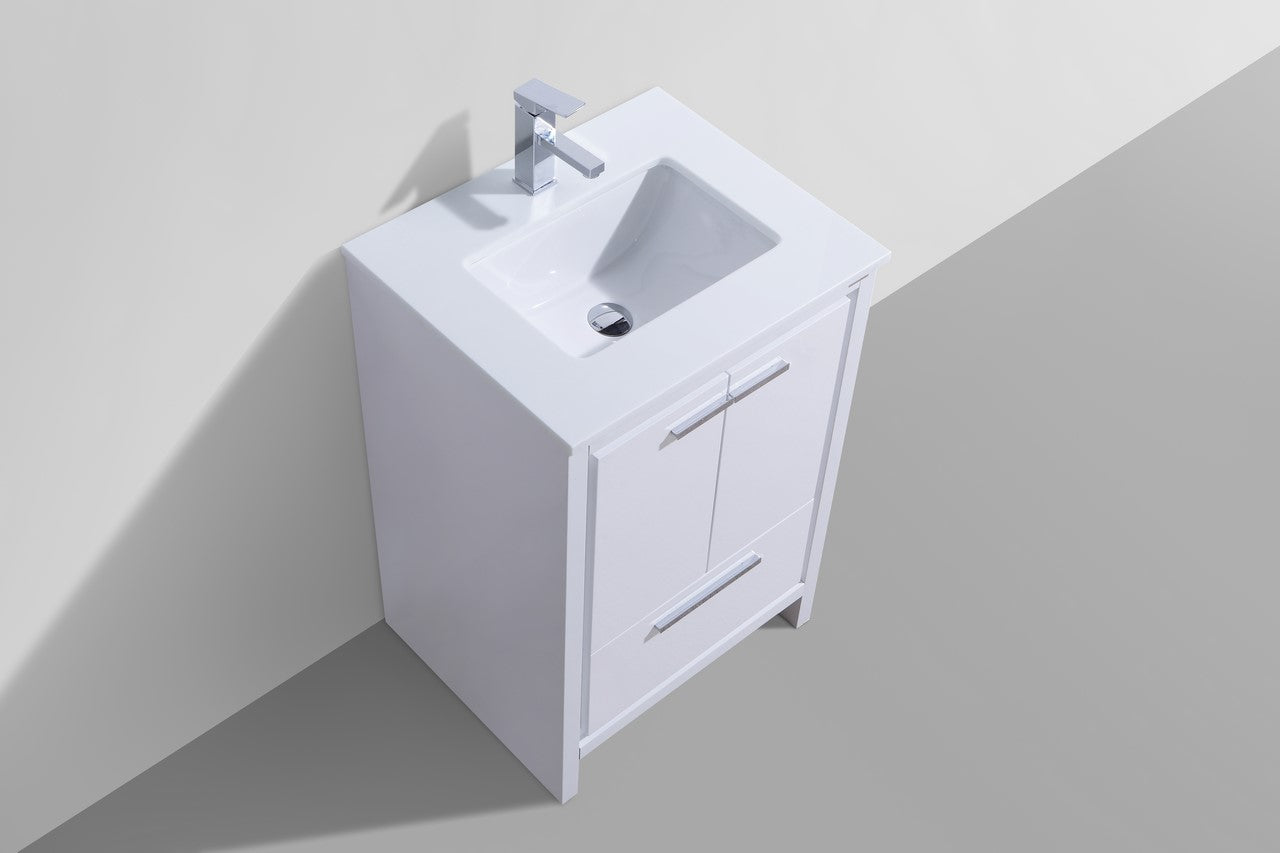 KubeBath Dolce 24″ High Gloss White Modern Bathroom Vanity with Quartz Countertop