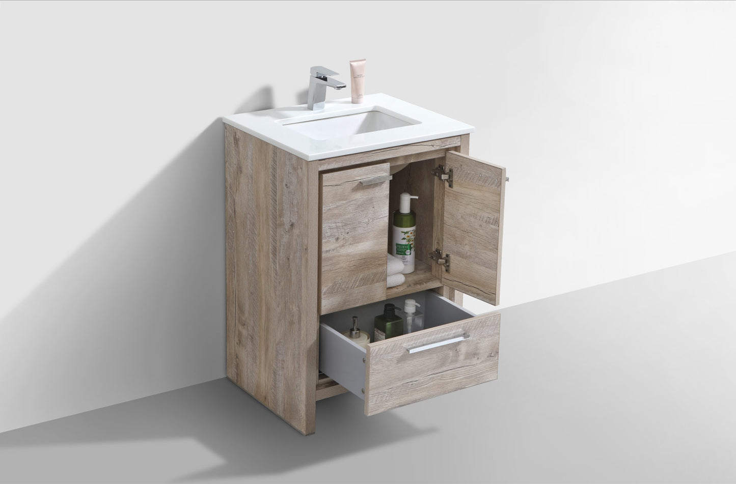 KubeBath Dolce 24″ Nature Wood Modern Bathroom Vanity with Quartz Countertop