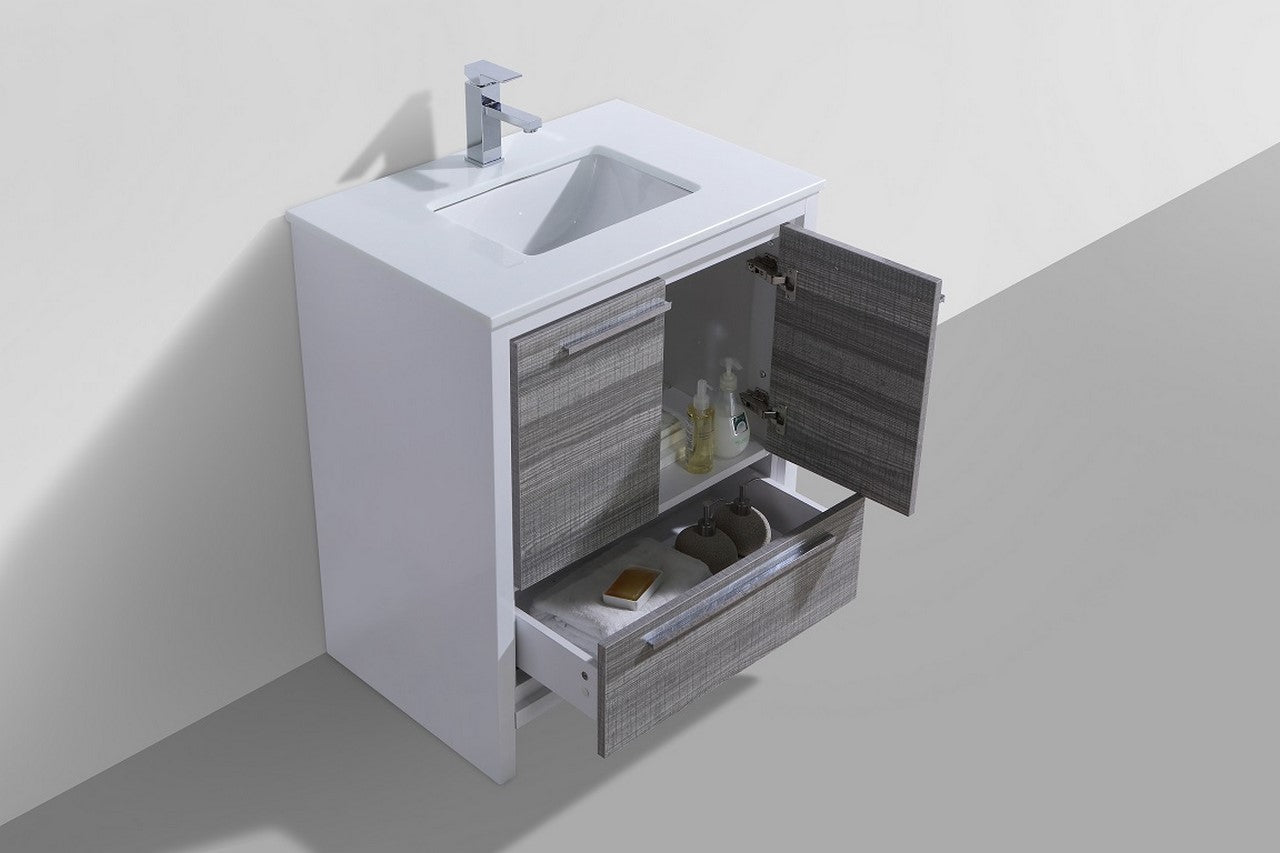 KubeBath Dolce 30″ Ash Gray Modern Bathroom Vanity with Quartz Countertop