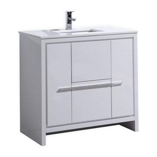 KubeBath Dolce 36″ High Gloss White Modern Bathroom Vanity with Quartz Countertop