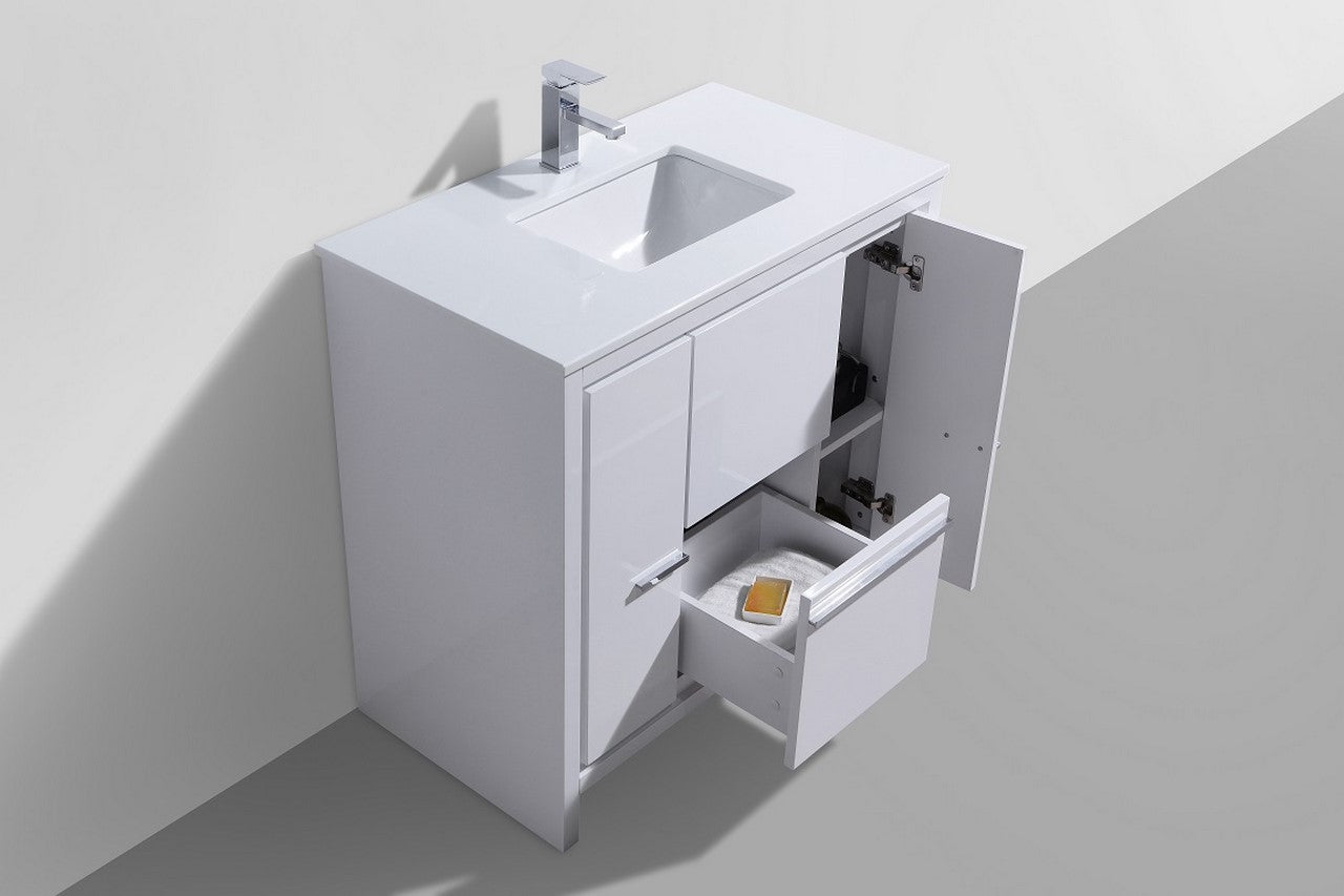 KubeBath Dolce 36″ High Gloss White Modern Bathroom Vanity with Quartz Countertop