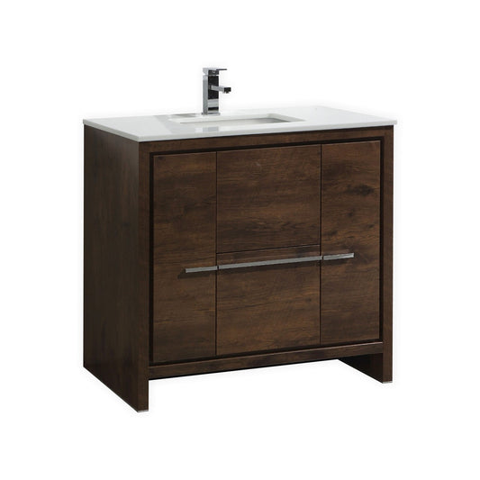 KubeBath Dolce 36″ Rose Wood Modern Bathroom Vanity with Quartz Countertop