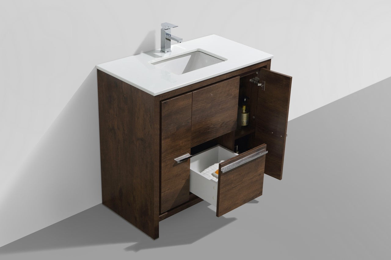 KubeBath Dolce 36″ Rose Wood Modern Bathroom Vanity with Quartz Countertop