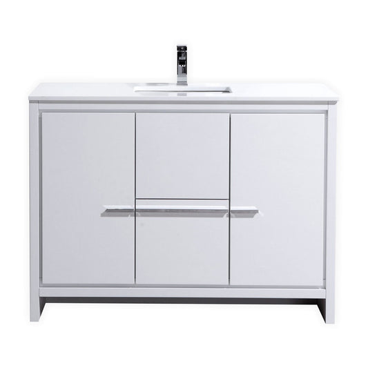 KubeBath Dolce 48″ High Gloss White Modern Bathroom Vanity with Quartz Countertop