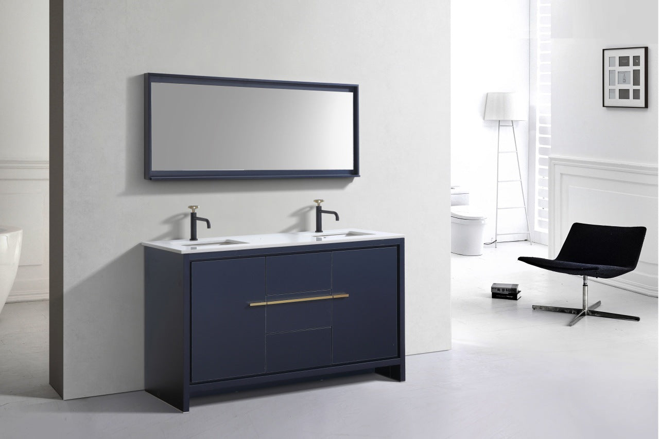 KubeBath Dolce 60″ Double Sink Blue Modern Bathroom Vanity with Quartz Countertop
