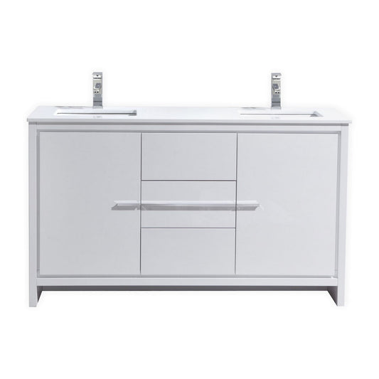 KubeBath Dolce 60″ Double Sink High Gloss White Modern Bathroom Vanity with Quartz Countertop