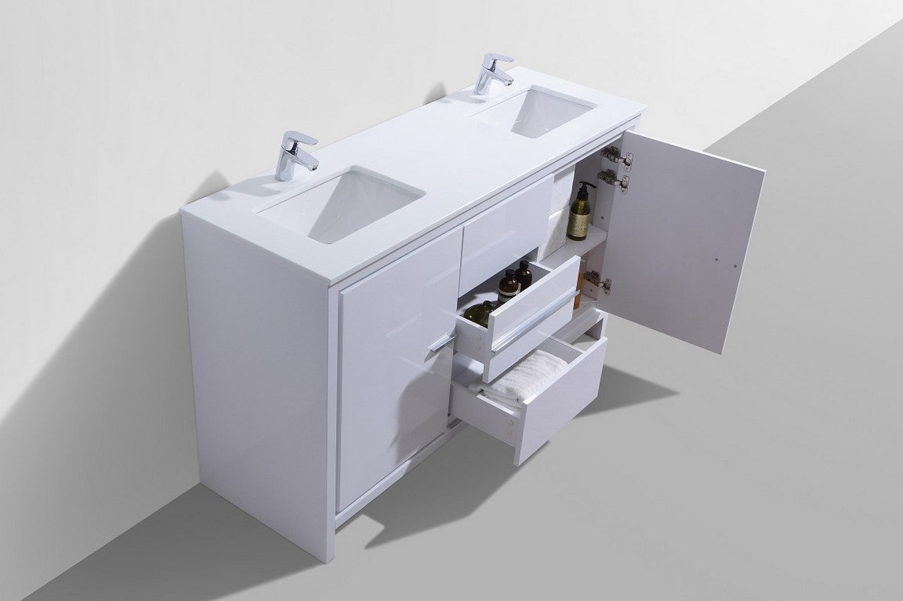 KubeBath Dolce 60″ Double Sink High Gloss White Modern Bathroom Vanity with Quartz Countertop