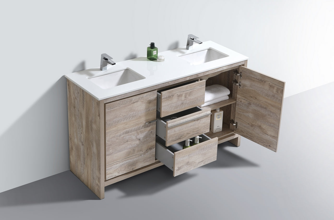 KubeBath Dolce 60″ Double Sink Nature Wood Modern Bathroom Vanity with Quartz Countertop