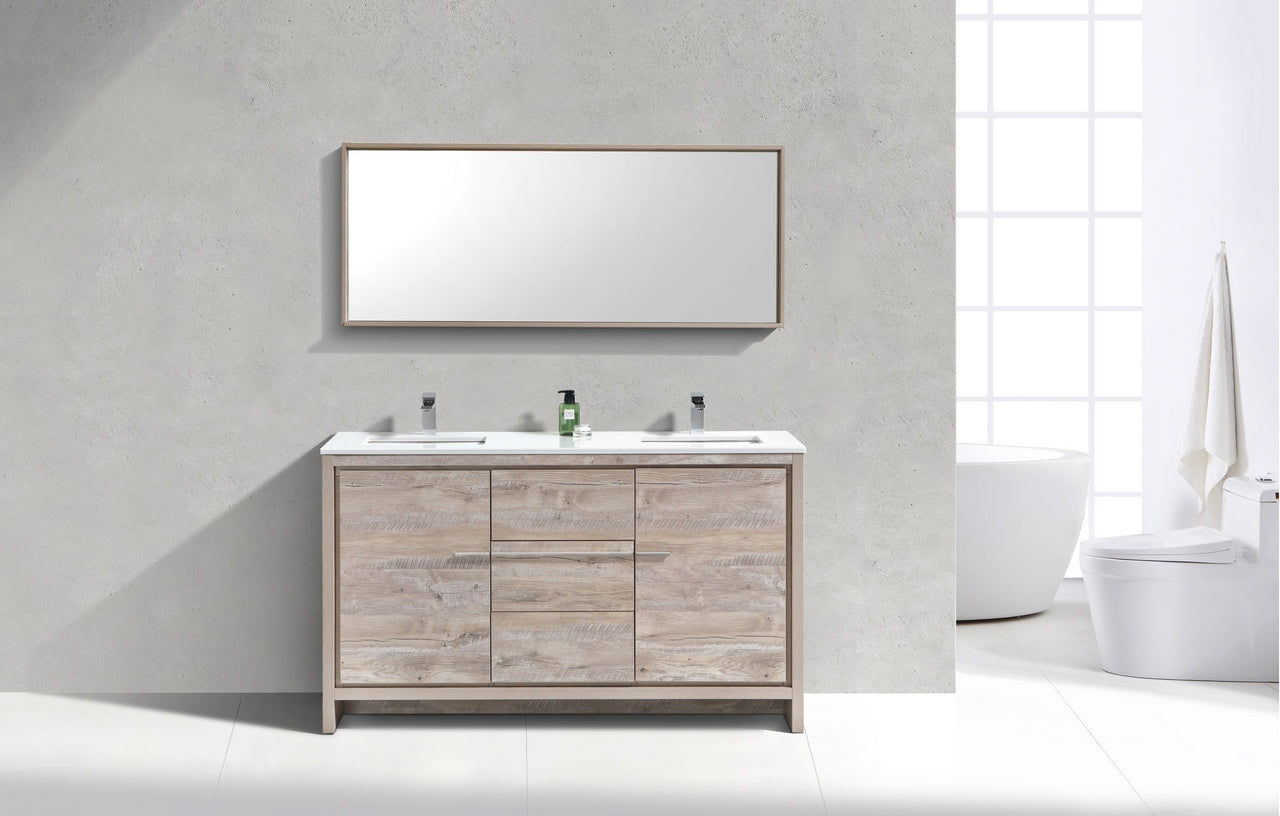 KubeBath Dolce 60″ Double Sink Nature Wood Modern Bathroom Vanity with Quartz Countertop