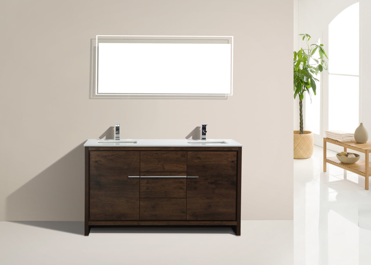 KubeBath Dolce 60″ Double Sink Rose Wood Modern Bathroom Vanity with Quartz Countertop