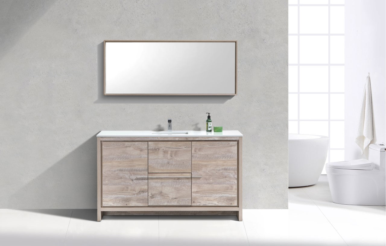 KubeBath Dolce 60″ Nature Wood Modern Bathroom Vanity with Quartz Countertop