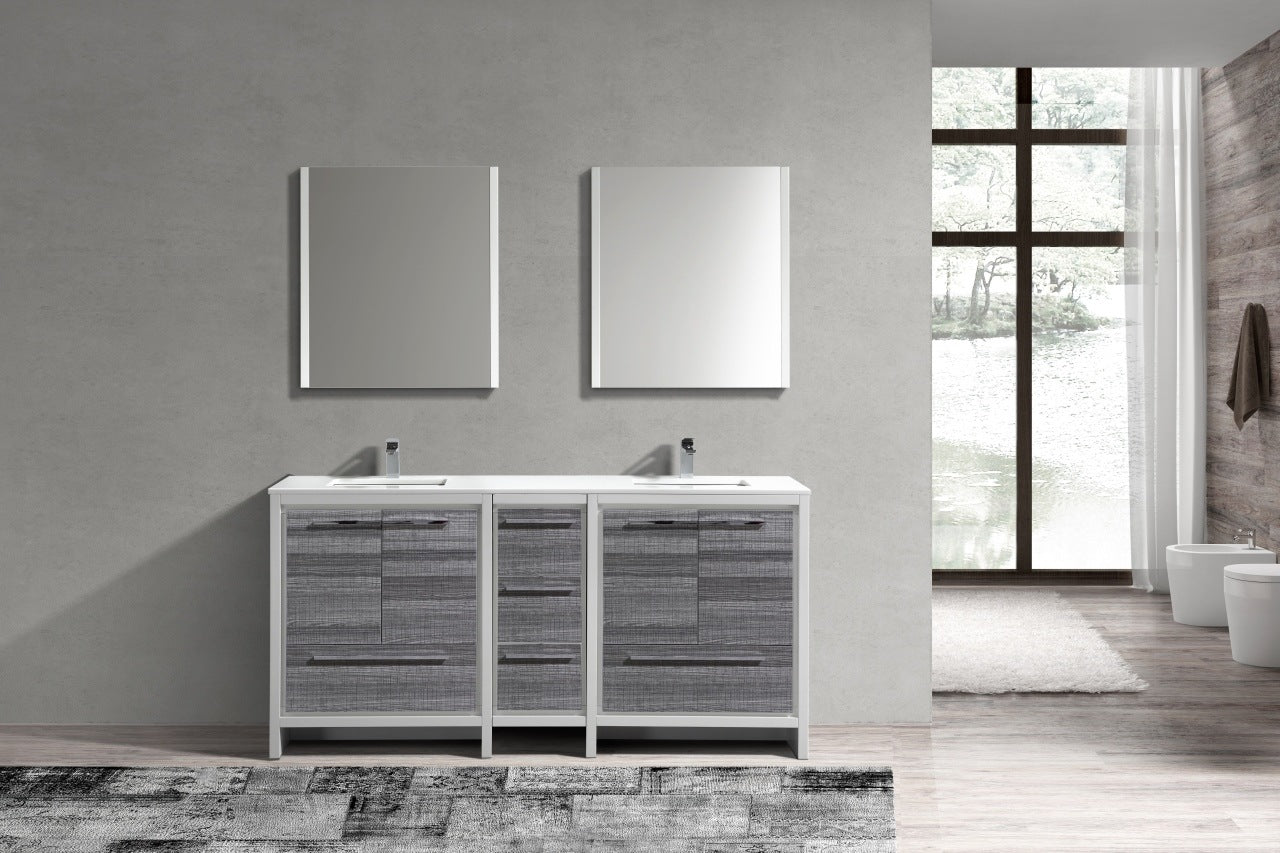 KubeBath Dolce 72″ Gloss Ash Gray Modern Bathroom Vanity with Quartz Countertop