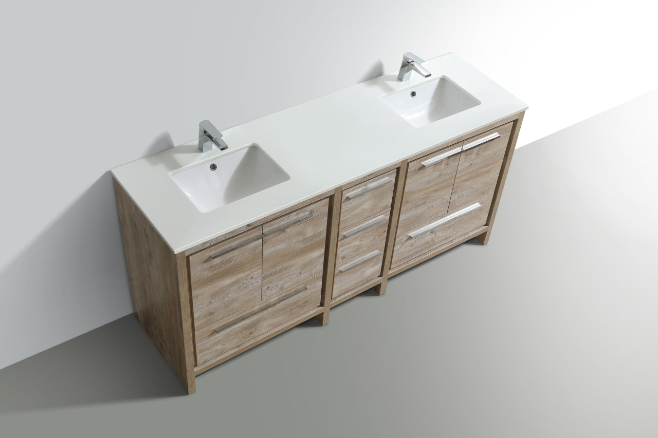 KubeBath Dolce 72″ Nature Wood Modern Bathroom Vanity with Quartz Countertop