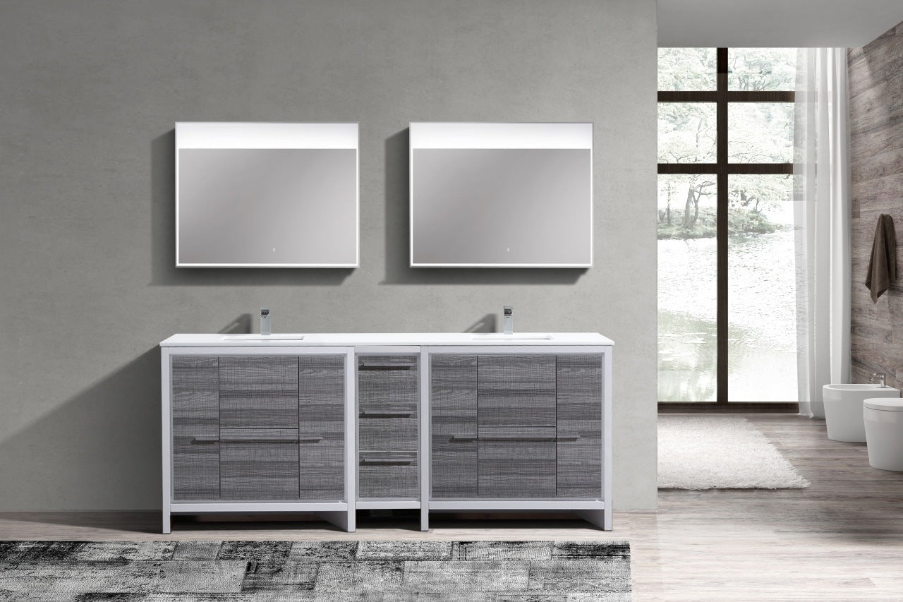 KubeBath Dolce 84″ Gloss Ash Gray Modern Bathroom Vanity with Quartz Countertop