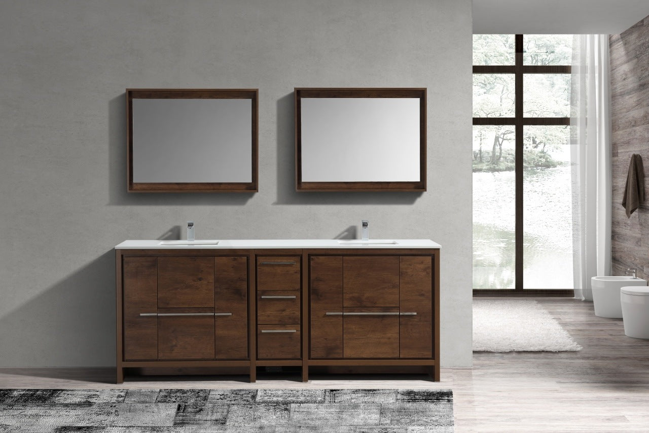 KubeBath Dolce 84″ Rose Wood Modern Bathroom Vanity with Quartz Countertop