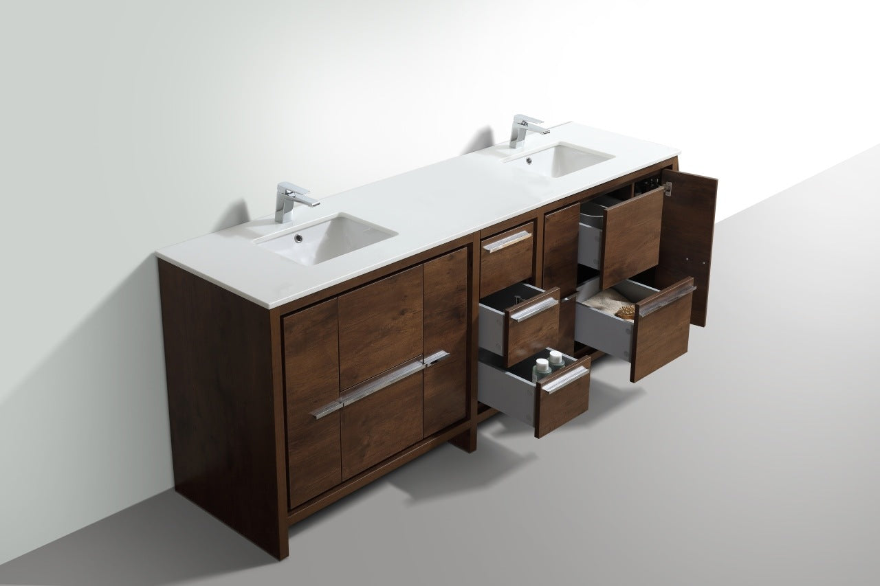 KubeBath Dolce 84″ Rose Wood Modern Bathroom Vanity with Quartz Countertop