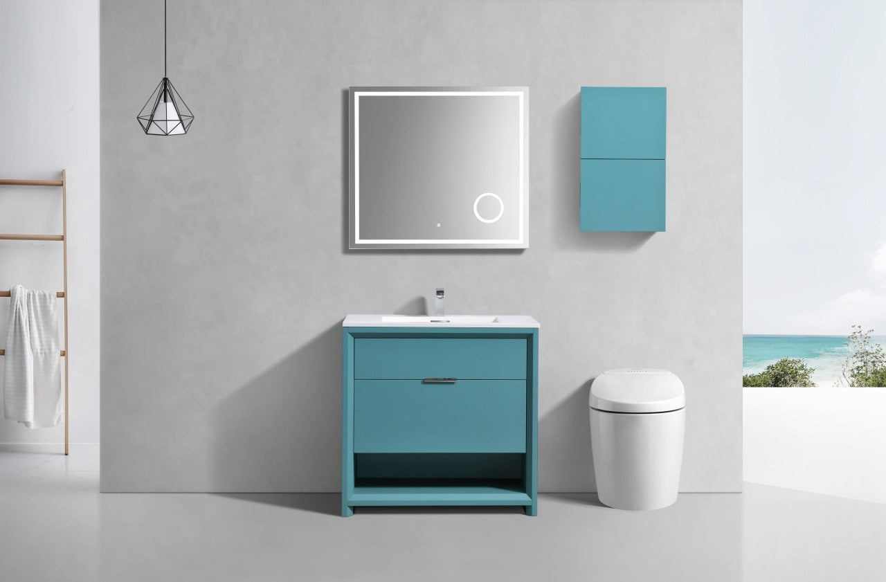 Small Bathroom Teal Green Linen Side Cabinet w/ 2 Storage Areas