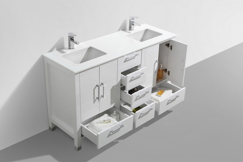 Anziano 60″ High Gloss White Double Sink Vanity w/ White Countertop