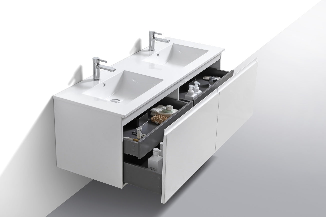 KubeBath 60″ Double Sink Balli Modern Bathroom Vanity in High Gloss White Finish