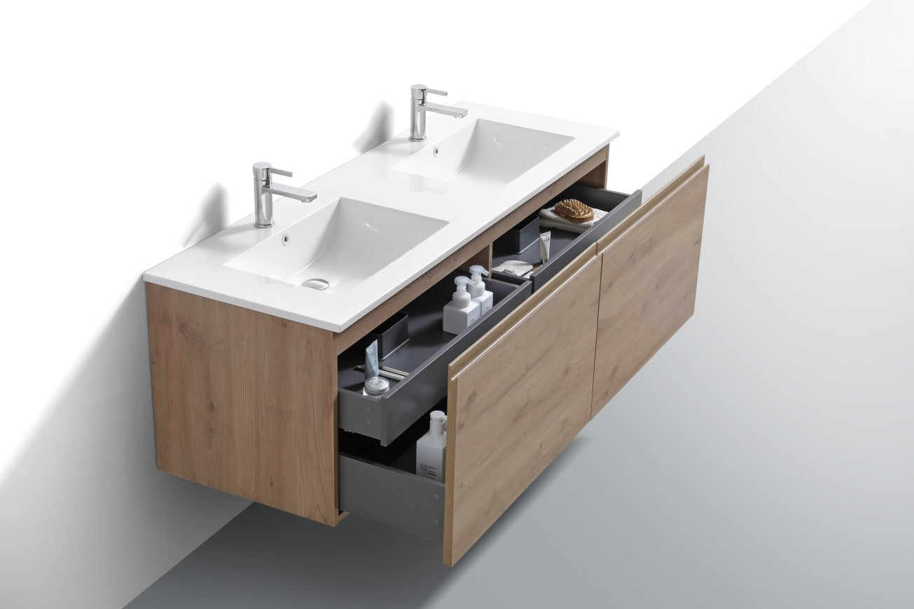 KubeBath 60″ Double Sink Balli Modern Bathroom Vanity in White Oak Finish