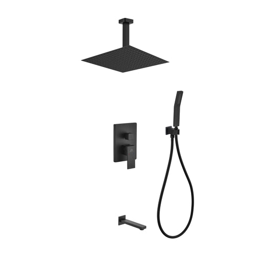Aqua Piazza Black Shower Set w/ 12″ Ceiling Mount Square Rain Shower, Handheld and Tub Filler