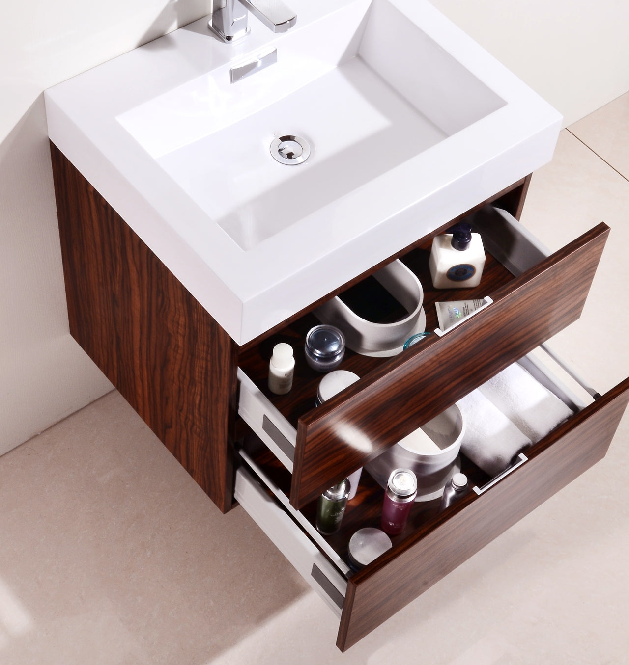 Bliss 24″ Walnut Wall Mount Modern Bathroom Vanity