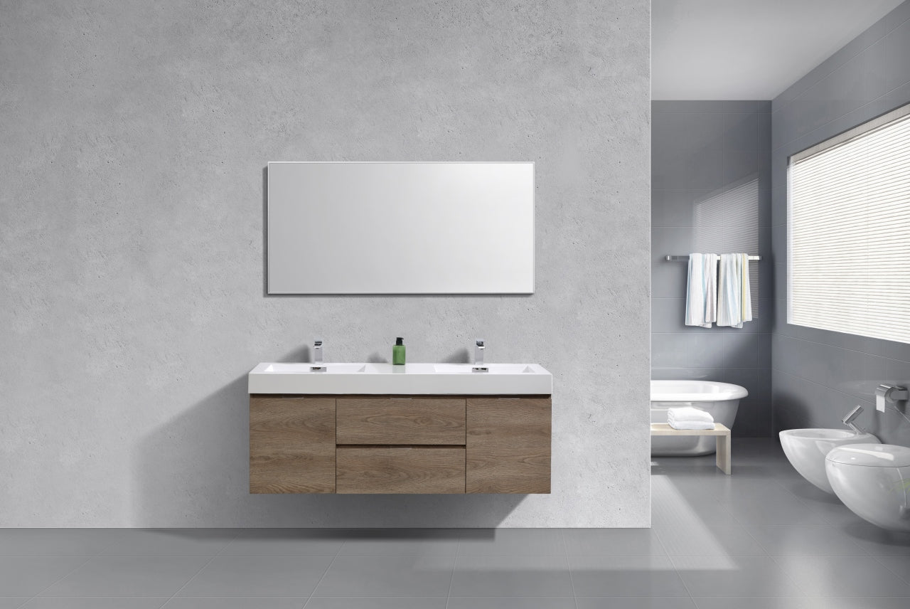 Bliss 60″ Butternut Wall Mount Double Sink Modern Bathroom Vanity
