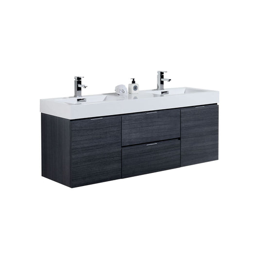 Bliss 60″ Gray Oak Wall Mount Double Sink Modern Bathroom Vanity
