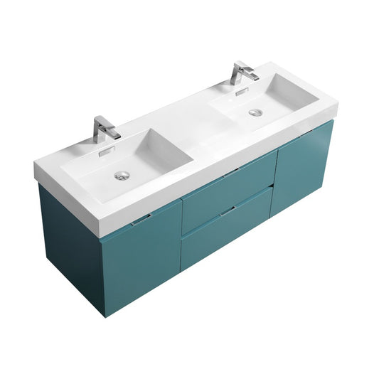 Bliss 60″ Turquoise Green Wall Mount Double Sink Modern Bathroom Vanity