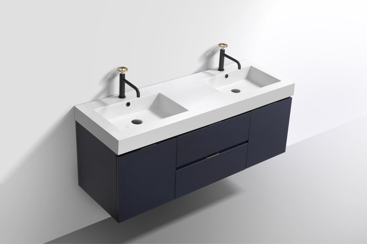 Bliss 60″ Blue Wall Mount Double Sink Modern Bathroom Vanity