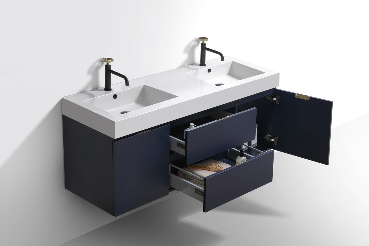 Bliss 60″ Blue Wall Mount Double Sink Modern Bathroom Vanity