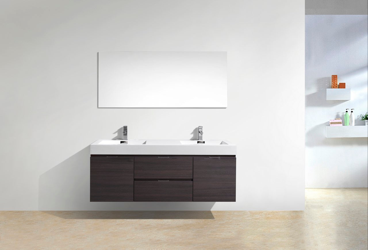 Bliss 60″ High Gloss Gray Oak Wall Mount Double Sink Modern Bathroom Vanity