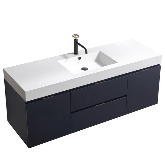 Bliss 60″ Blue Wall Mount Single Sink Modern Bathroom Vanity