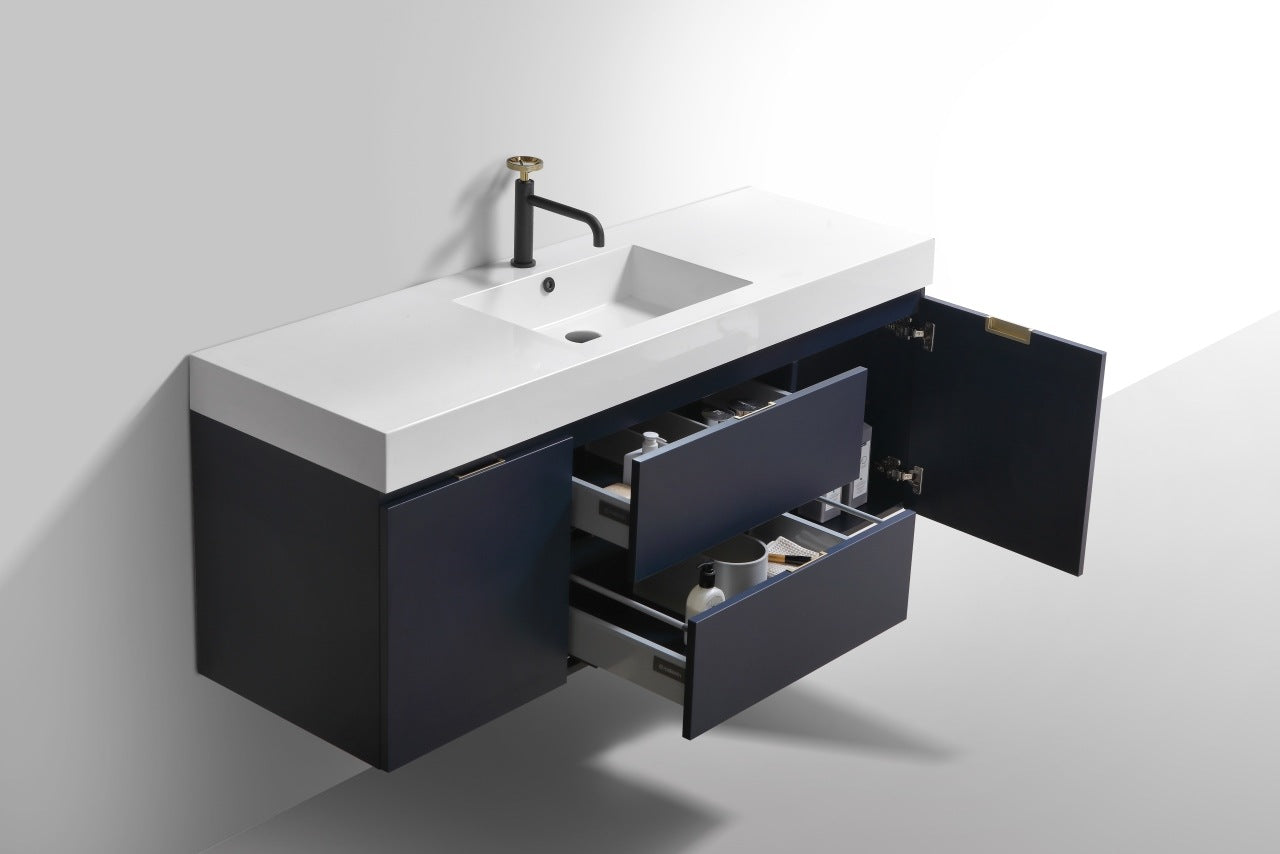 Bliss 60″ Blue Wall Mount Single Sink Modern Bathroom Vanity
