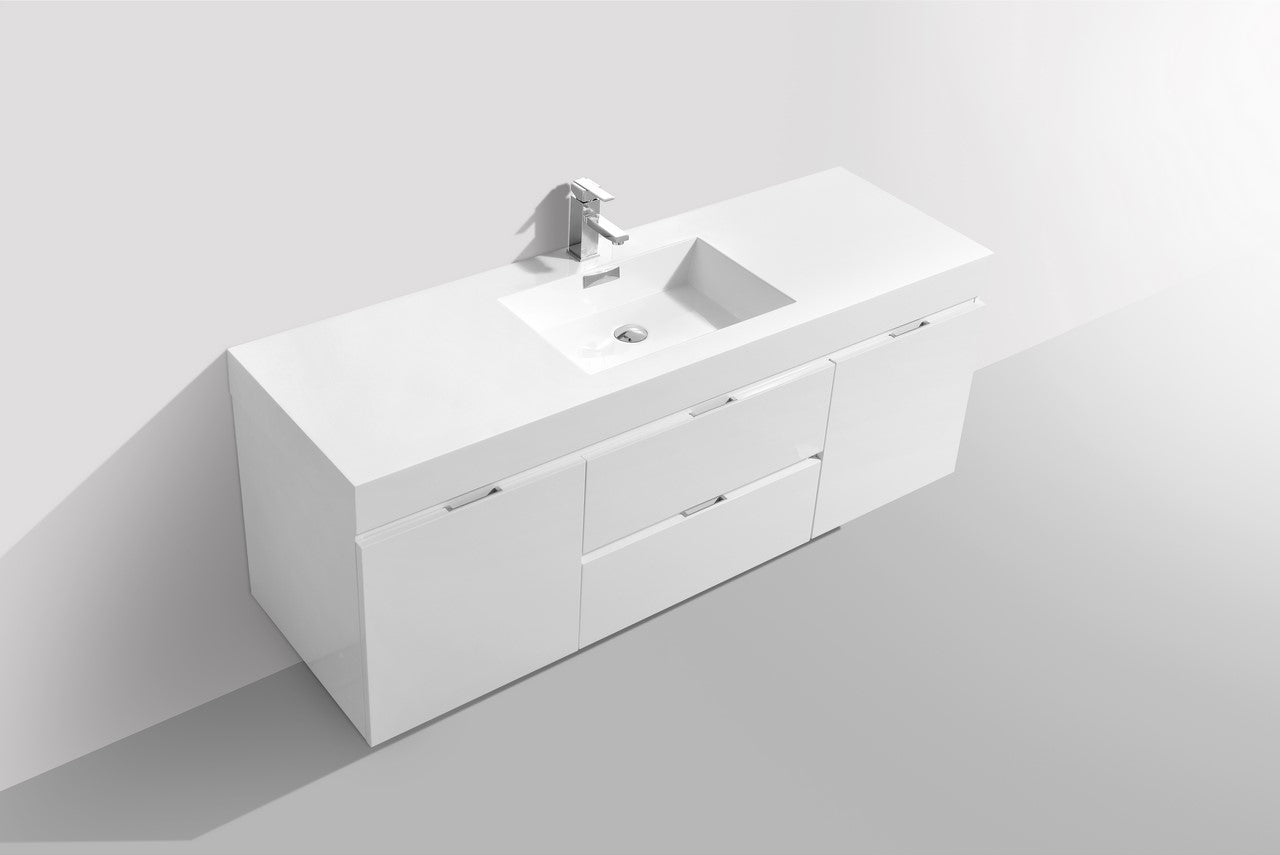 Bliss 60″ High Gloss White Wall Mount Single Sink Modern Bathroom Vanity