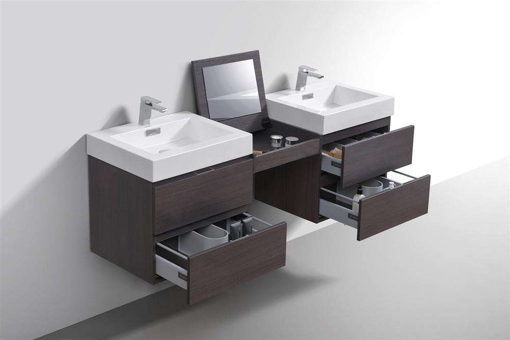 Bliss 68″ Gray Oak Wall Mount Double Sink Modern Bathroom Vanity