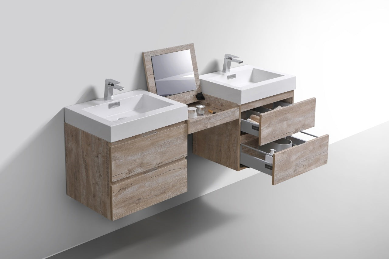 Bliss 68″ Nature Wood Wall Mount Double Sink Modern Bathroom Vanity