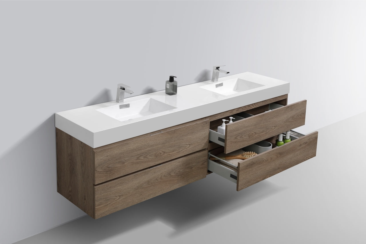 Bliss 72″ Butternut Wall Mount Double Sink Modern Bathroom Vanity