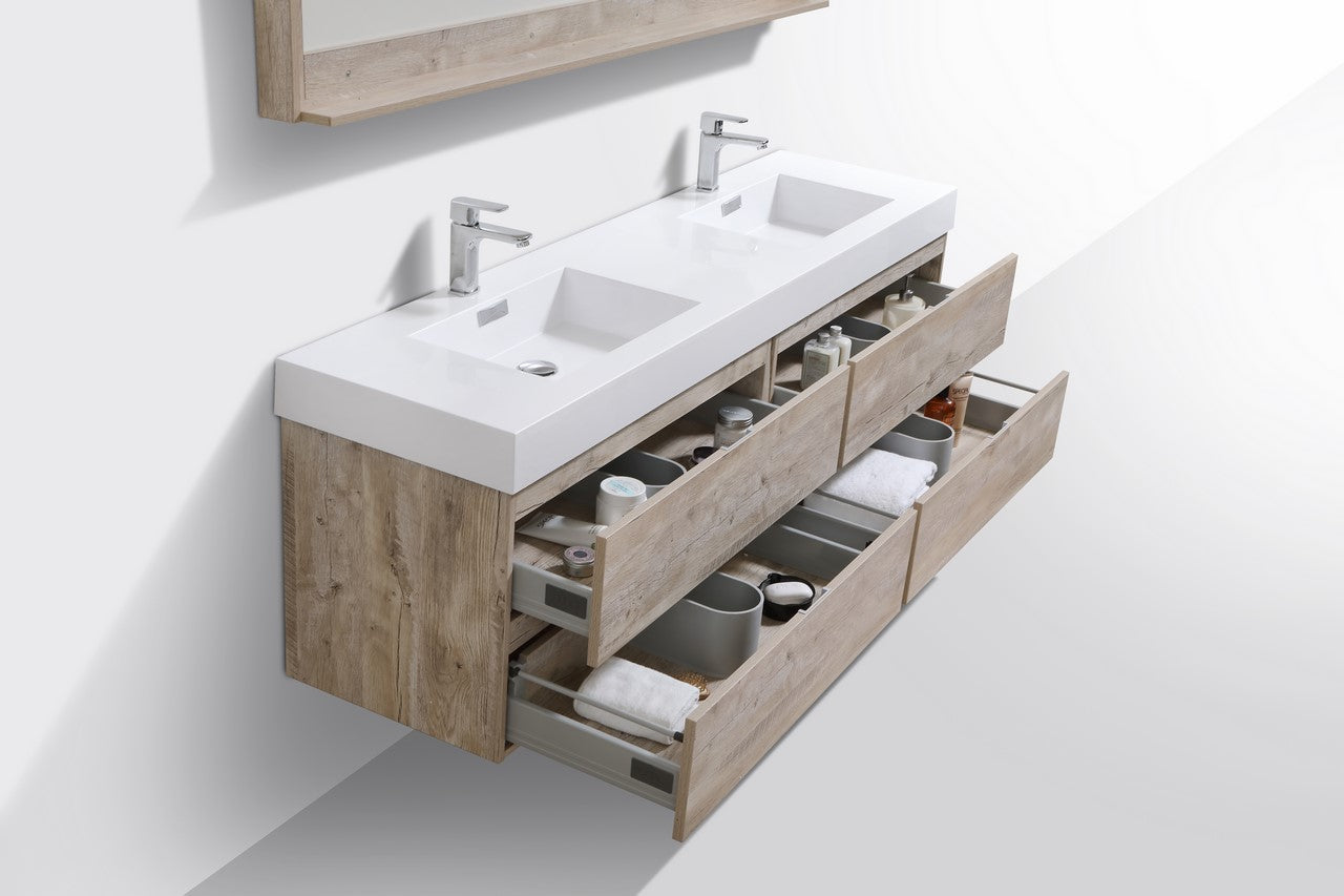Bliss 72″ Nature Wood Wall Mount Double Sink Modern Bathroom Vanity