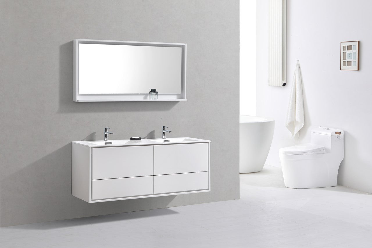 De Lusso 60″ Double Sink High Gloss White Wall Mount Modern Bathroom Vanity