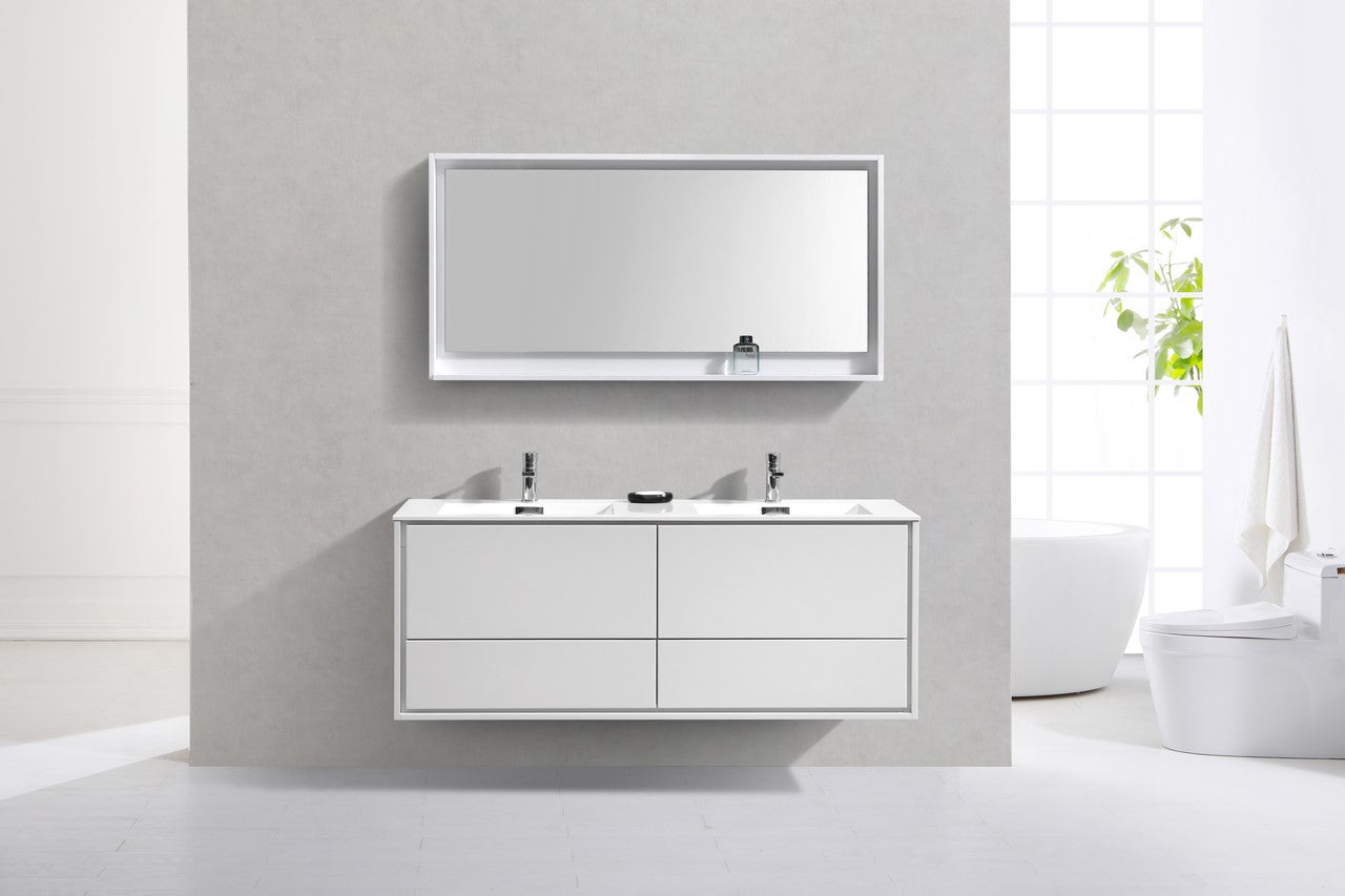 De Lusso 60″ Double Sink High Gloss White Wall Mount Modern Bathroom Vanity