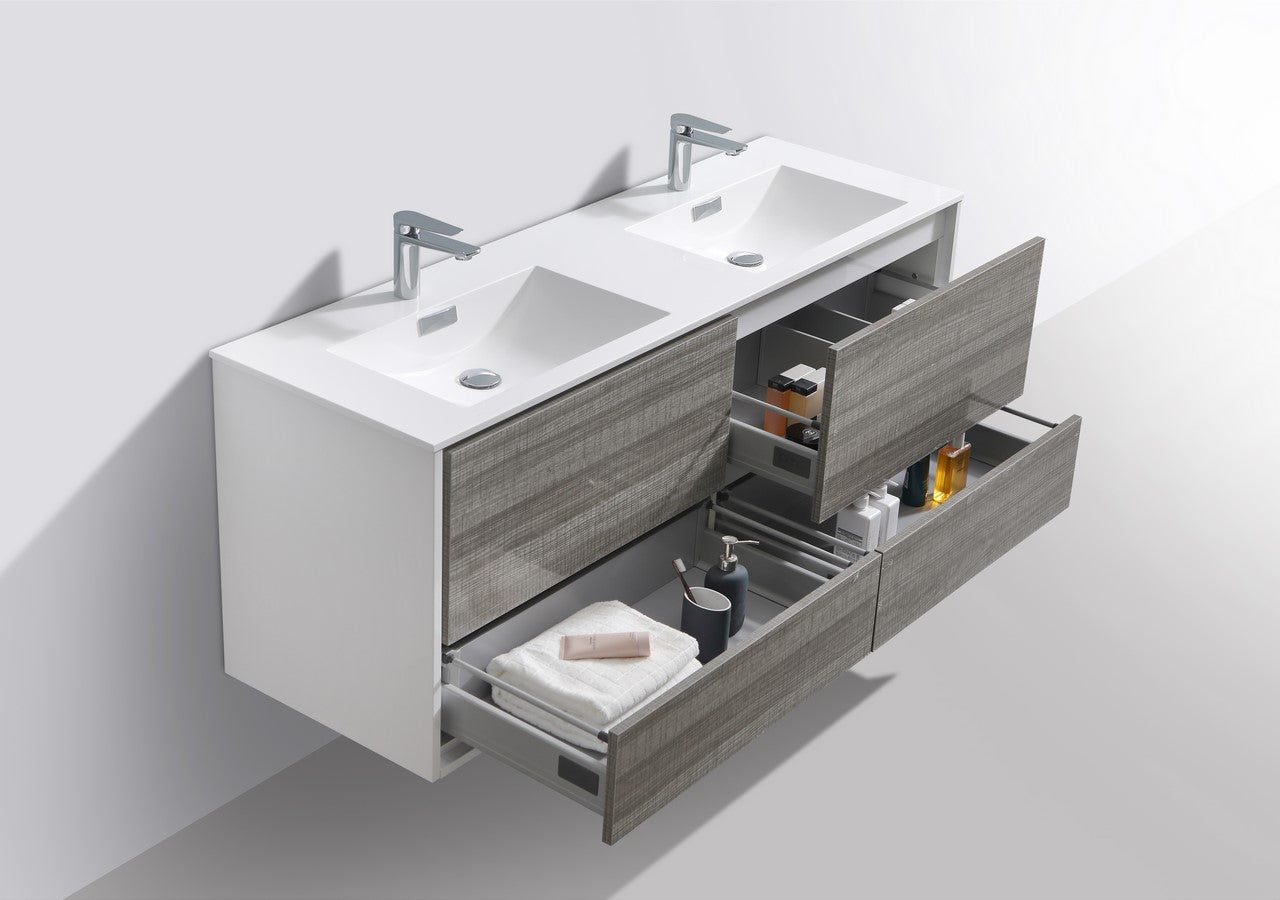 De Lusso 60″ Double Sink Ash Gray Wall Mount Modern Bathroom Vanity