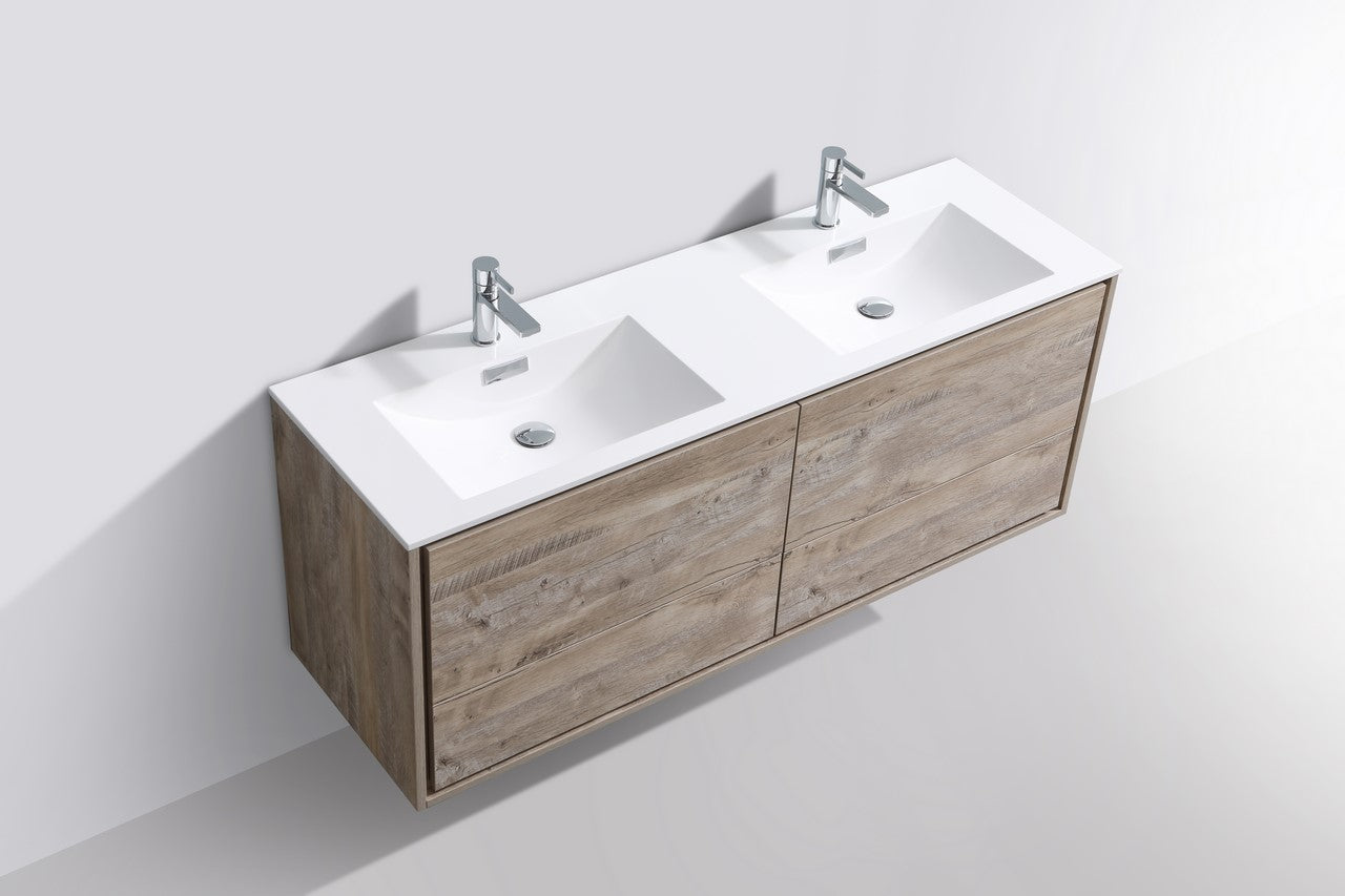 De Lusso 60″ Double Sink Nature Wood Wall Mount Modern Bathroom Vanity