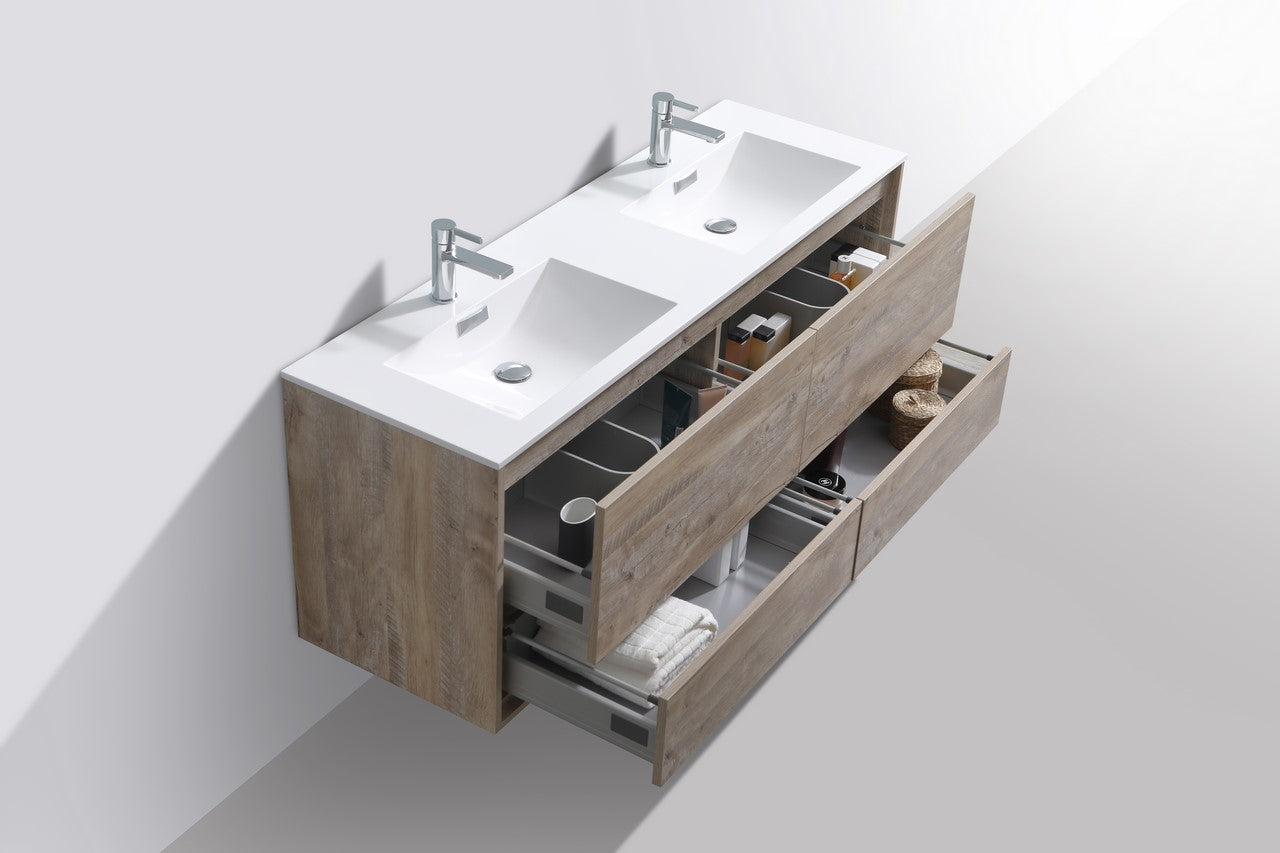 De Lusso 60″ Double Sink Nature Wood Wall Mount Modern Bathroom Vanity