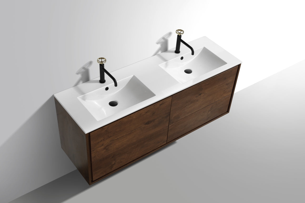 De Lusso 60″ Double Sink Rose Wood Wall Mount Modern Bathroom Vanity