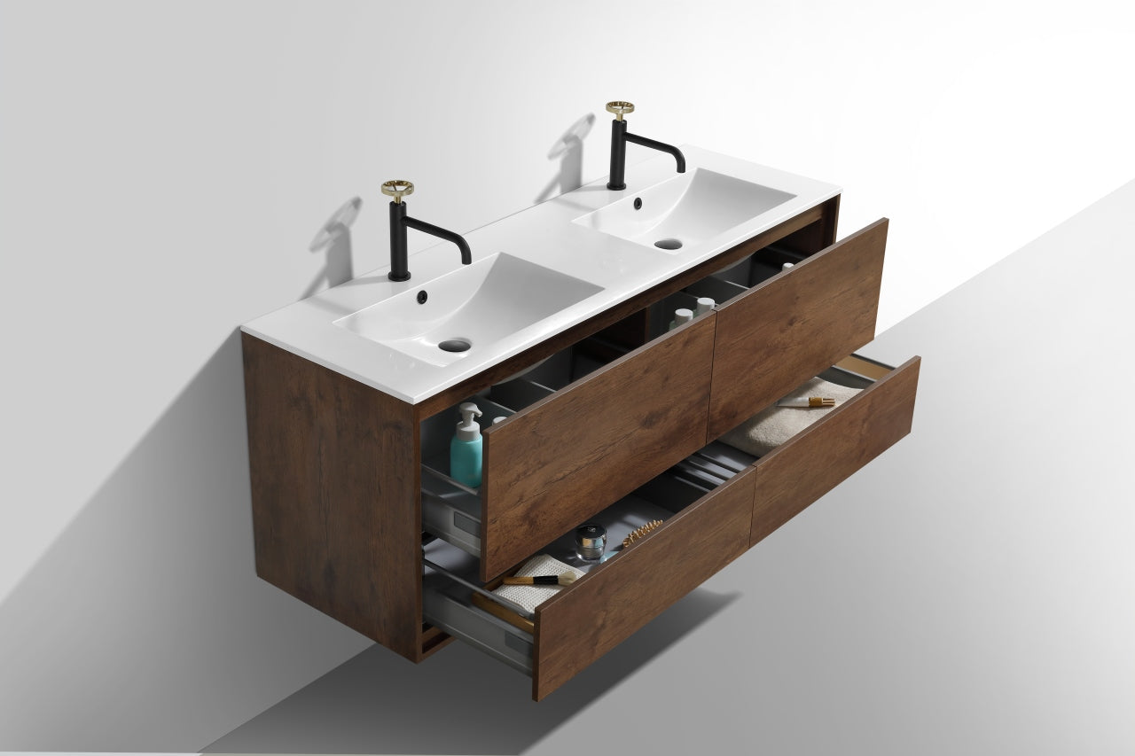 De Lusso 60″ Double Sink Rose Wood Wall Mount Modern Bathroom Vanity