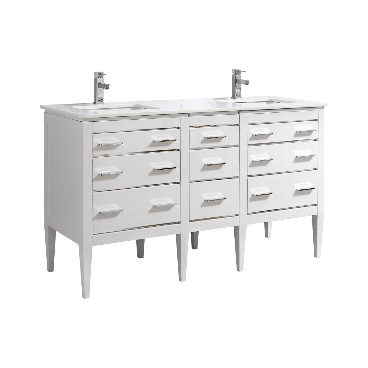 Eiffel 60″ Double Sink High Gloss White Vanity W/ White Counter Top