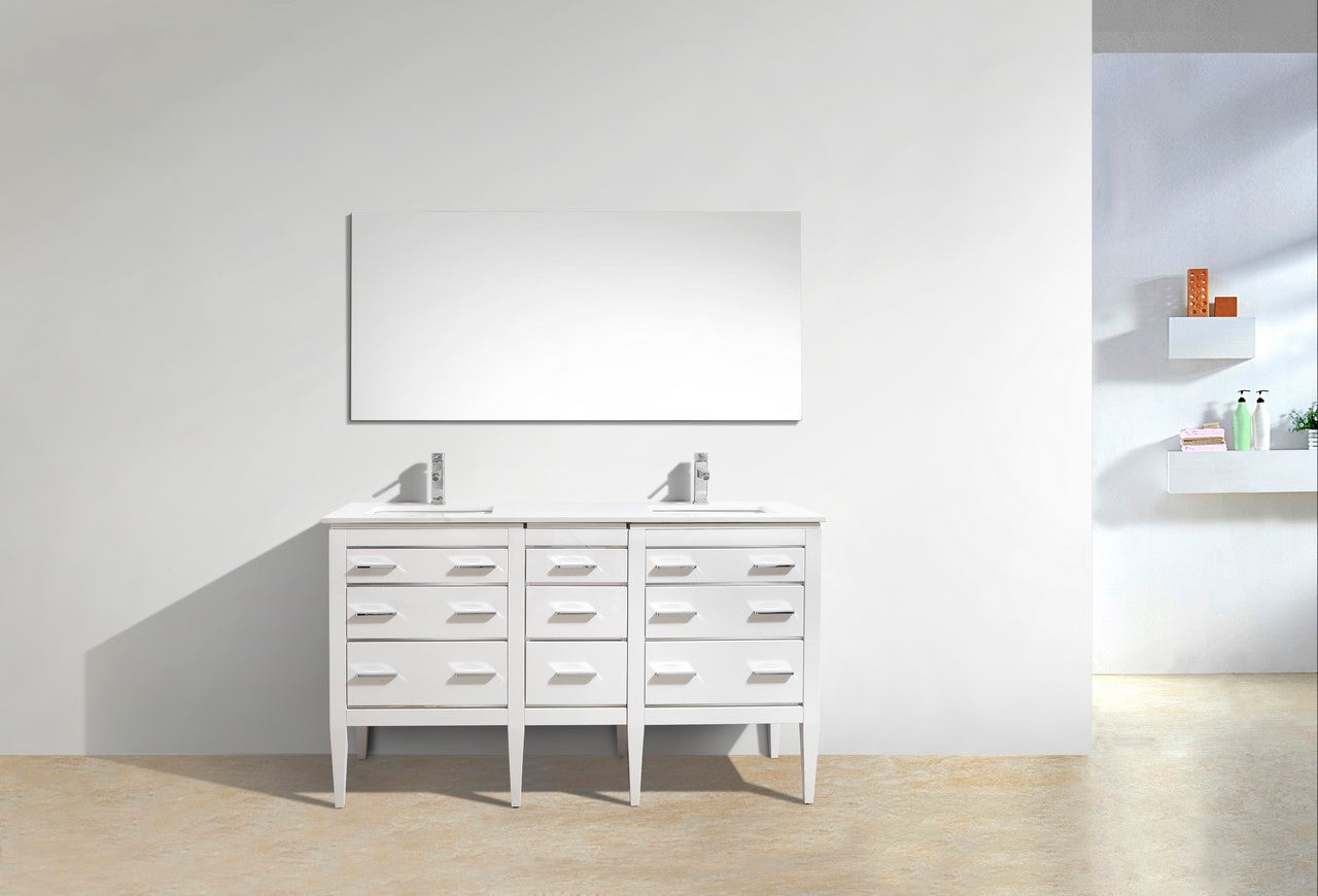 Eiffel 60″ Double Sink High Gloss White Vanity W/ White Counter Top