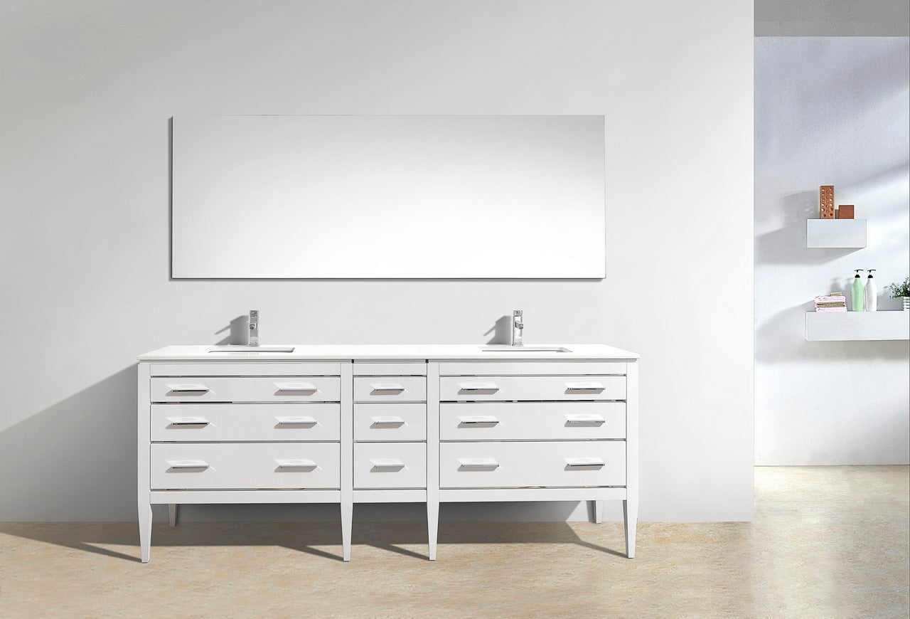 Eiffel 84″ Double Sink High Gloss White Vanity W/ White Counter Top